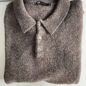 Simons Fuzzy Knit Polo Sweater in Heather Brown